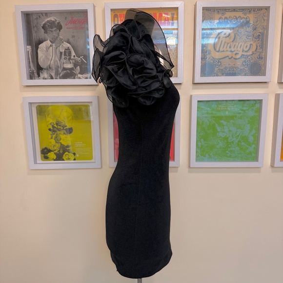 Vintage 80s Black Mini Dress w/ Heart Cutout + Puffy Organza Sleeves - Picture 3 of 7